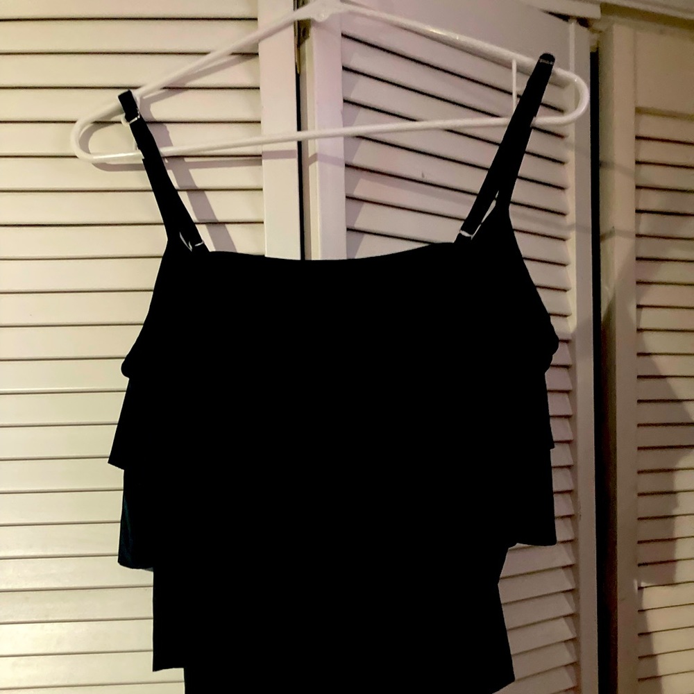 Miraclesuit tankini TOP only. Black with ruffles, flatters any body type!